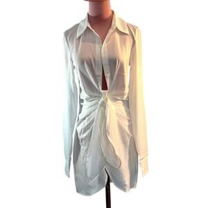 NWT Choosy Crosby Designer Plunging Shirt Mini Dress Button Tie Front White 2
